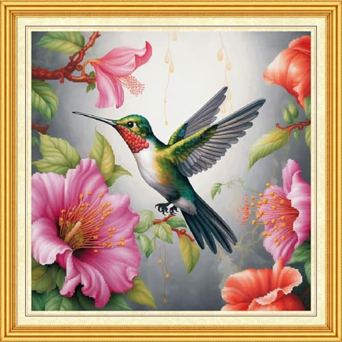 DMCVIVR Stamped Cross Stitch Kits for Beginners Adults Needlepoint Kits for Beginners Embroidery Kits for Adults Crossstitch Kit for Beginners 11CT-Hummingbirds Gather Honey 18x18 inch, ArtKits08 - color: ArtKits08