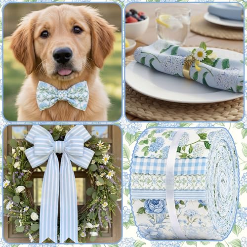 Hosuly 40 Pcs Hydrangea Fabric 2.55" Blue White Floral Jelly Fabric Strips - color: Hydrangea
