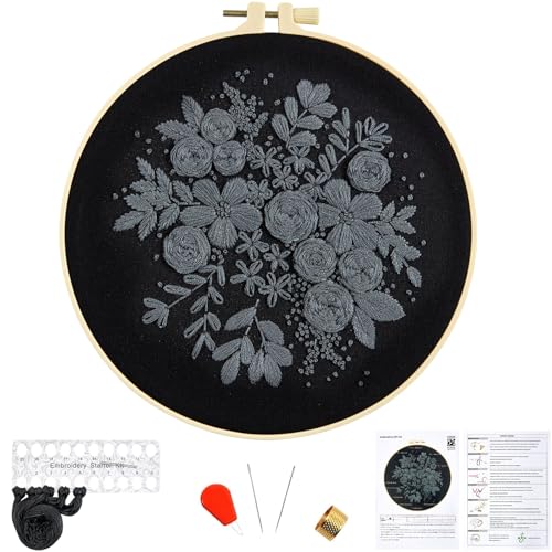 Crafmanoe Embroidery Kits for Beginners Adults, Black Flowers Embroidery Starter Kits, Counted Cross Stitch Kits for Beginners Adults Hobbies Set for Women, Embroidery Hoops, Thread and Video Tutorial - color: H2036, size: 8Inch