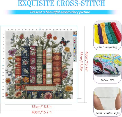 KYOQFVN Flower Stamped Cross Stitch Kits - Book Counted Cross Stitch Kits for Beginners, Needlepoint Cross-Stitch Patterns Dimensions for Home Decor 14×14 Inch - color: SZXBOOK-US