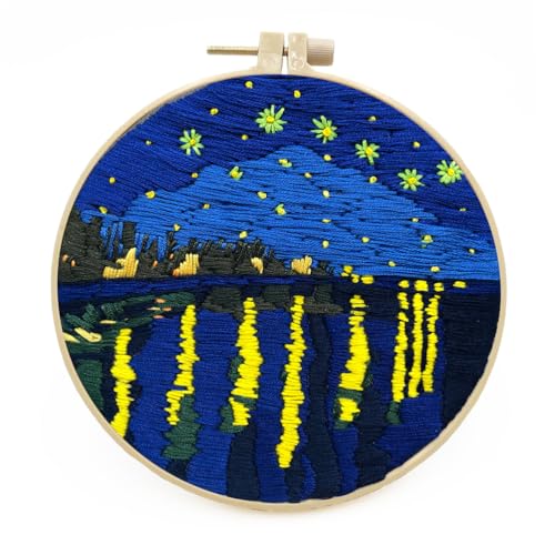 Meecaa Rhone Starry Sky Night Embroidery Kit Starter Set, Hand Embroidery Set,Pattern Printed Cross Stitch Set for Beginner Adults, with Embroidery Hoop and Instructions (Rhone Starry Sky) - color: Rhone Starry Sky
