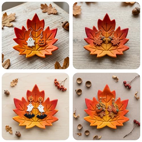 Large Autumn Halloween Clay Cutters for Polymer Clay – Pumpkin Ghost & Maple Leaf Trinket Dish Clay Cutter Set with Embossed Details | Autumn Magic - color: AUTUMN MAGIC