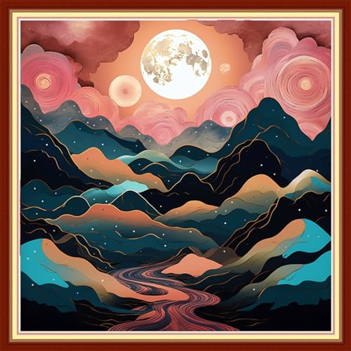 Findvoor Stamped Cross Stitch Kits for Beginners Full Range of Cross Stitching Embroidery Pattern for Adults, 11CT DIY Needlepoint Embroidery Starter Kits-Moon Mountains Rivers 17.7x17.7 inch - color: StampedKits 26