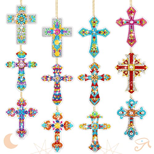 Junkin 12 Pcs Cross Diamond Painting Keychains, 5D DIY Craft Kits - style: Cross
