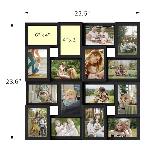 J.M.Deco Collage Picture Frames for Wall 16 Opening, Large Photo Frame Collage Wall Hanging for 4x6 Photo, Reunion Friends Family Memory, Christmas Gift - Black - color: Black, size: 16 Opening