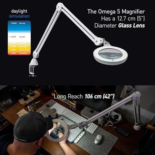 Omega 5 - Premium LED Magnifying Lamp with Interchangeable Glass Lenses, Adjustable Arm, and Dimmer Switch for Professionals in Health & Beauty, Model Making, and Low Vision Applications - style: Omega 5