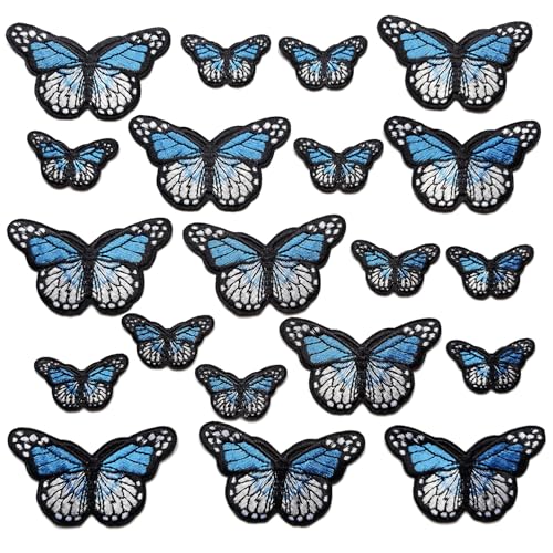 20pcs Butterfly Iron on Patches, 2 Sizes Blue Butterfly Embroidered Patches Applique for Clothes Hats Jeans Jacket - color: Blue butterfly