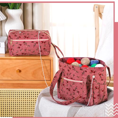 Bulyoou 2 Pcs Crochet Tote and Yarn Bag Set Corduroy Yarn Holder, Flower