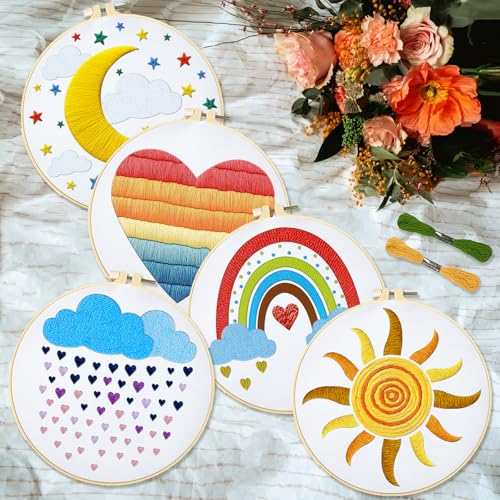 INFUNLY 5 Sets Rainbow Sun Embroidery Kits for Beginners DIY Cross Stitch Starter Sets with Instructions Heart Moon Pattern Needlepoint Kits with Embroidery Cloth Colored Threads Hoops Tools - style: Weather themes