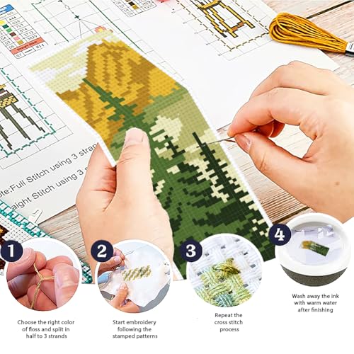 ACRNIGHEET 6PCS Cross Stitch Bookmark Kit for Beginner Pine Stamped Cross Stitch Kits Needlepoint Kit for Adults DIY Tassel Embroidery Bookmark Kits with Instructions Craft Gift 8.5"x3" 11CT - style: Pine Tree Patterns