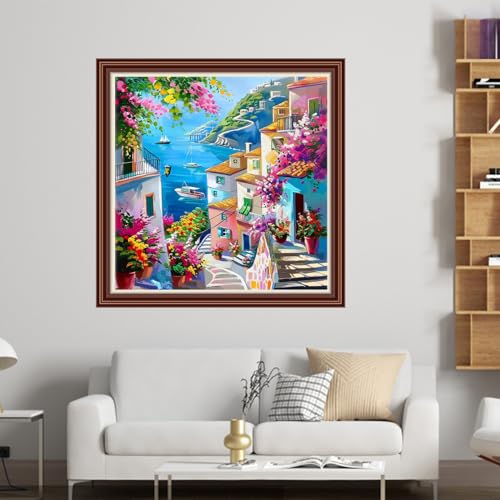 Dimensean Counted Cross Stitch Kit for Beginners, 11CT Unprinted Cross-Stitch Kit Easy Patterns Needlepoint Kit Cross Stitching Embroidery Kit Supplies-Seaside Floral Scenery 18x18 inch - color: DIYColor26