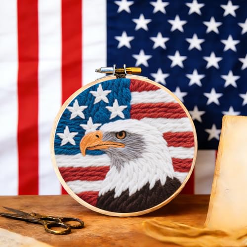 BEUNITONE 2Pcs Punch Needle Kit for Beginners, American Flag Starter Embroidery Kits with Frame & Instructions, Needle Felting Kit Poke Art for Adults DIY Craft for Coasters, Bags, Clothes Decor - color: 05-American