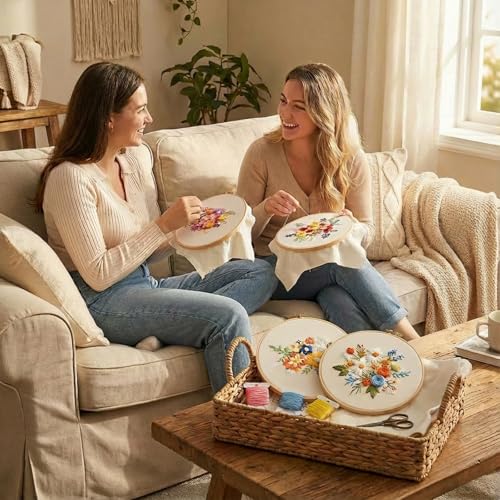 Gmakto Embroidery Kits for Beginners,3 Sets Beginner Embroidery Kit for Adults,Including 3Pcs Embroidery Cloths with Floral Pattern, 1 Pcs Plastic Embroidery Hoops, 3Pcs User Manual(Flower)