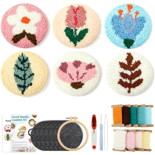 6 Pcs Punch Needle Coaster Kit for Adults Beginner, Plant Floral Punch Needle Embroidery Kit with Yarns, Hoop, Threader, Felt Cloths, Instruction, Coaster Making Supplies for Home Decor, Gift Making