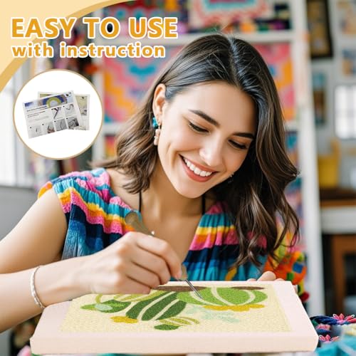 Doodlream Cartoon Cactus DIY Punch Needle Embroidery Kit for Adult Beginner, 9.4" Cactus Punch Stitching Craft Set for Starter with Frame, Fabric Pattern, Threader, Yarn, Pinch Needle - color: Cactus