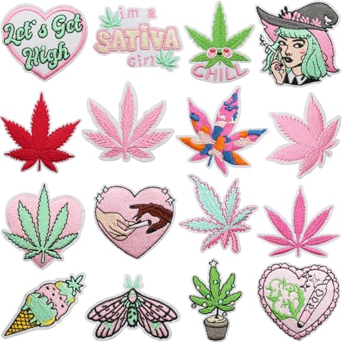 16pcs Pink Iron/Sew on Patches, Sativa Embroidered Applique, DIY Decoration for Clothes, Hat, Bag, Jeans, Dress, Shirt - color: 16pcs Sativa