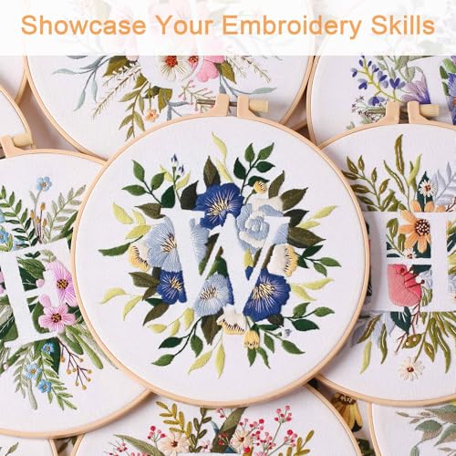 Harimau Letter Pattern W Embroidery Kit for Adult Beginners, Complete Starter Pack with 1 Hoop, Needles, Instruction Guide & Embroidery Stitch Video Tutorials - color: W