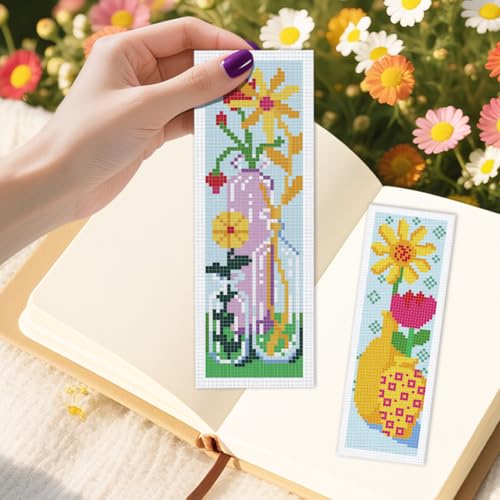 INFUNLY 6PCS/Set Flower Vase Cross Stitch Bookmark Kit 2.99x8.54 Rose Floral Handmade Cross Stitch Bookmarks DIY Embroidery Bookmarks for Readers with Instruction for Starter Adults Book Lovers - style: Flower Vase