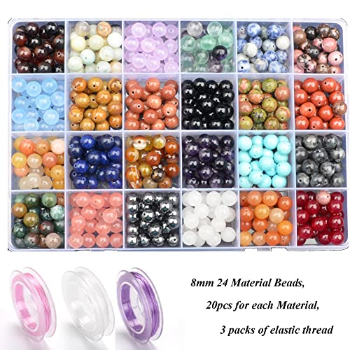 8mm Natural Mixed Materials Gemstones Beads Tiny Spacer Round Loose Beads Jewelry Making KIT with Thread 480 PCS(24 Natural, 8mm) - color: 24 Natural, size: 8mm