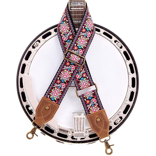 Nefelibata Banjo Strap,2"Wide Double Crazy Horse Leather Jacquard Embroidery Strap Adjustable Replacement,Multi-pattern Strap With Metal Clips - color: A#-embroidery Red