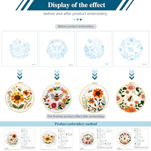 Zhenqing Bees & Flowers Embroidery Kit 11.4x11.4cm - 4-Piece Complete Cross Stitch Set with Pre-Printed Fabric, Threads, Hoop, Needles & Instructions | DIY Craft for Adults, Beginners-Friendly (C0046) - color: C0046