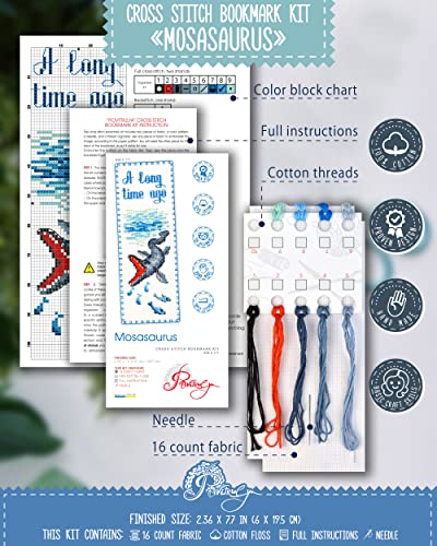 Povitrulya Dinosaur Counted Cross Stitch Kit Mosasaurus - DIY Bookmark Set for Hand Embroidery - color: Mosasaurus