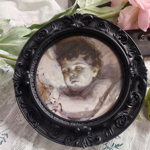 Vintage Small Picture Frame 4x4,Antique Ornate Round Photo Frame with Glass Front,Retro Home Decor Art Gallery (Black) - color: Black