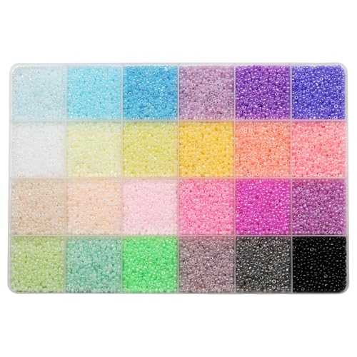Size 12/0 Crafts Glass Seed Beads 2mm Tiny Pony Beads Assorted Kit with Organizer Box for Jewelry Making (24 Assorted Multicolor Set, Total About 16800pcs) - color: 24 Colors Mix-Cream Color