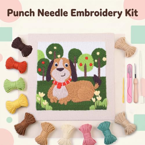 Embroidery Punch Needle kit Frame, Embroidery Starter Kits for Beginner,Punch Needle Fabric with Pattern,Threader, Yarns,Embroidery Hoops & Rug Punch(Greenish Yellow) - color: Greenish yellow