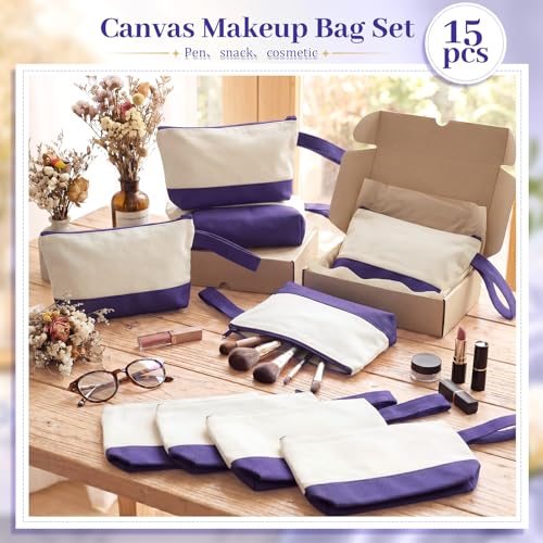 Silkfly 15 Pcs Cotton Canvas Makeup Bags Cosmetic Zipper Bags 10.2 x 5.5 x 2'' Blank DIY Pouch Bulk Pencil Case with Bottom Travel Toiletry Pouch for Women Craft Decor Gift (Beige and Purple) - color: Beige and Purple