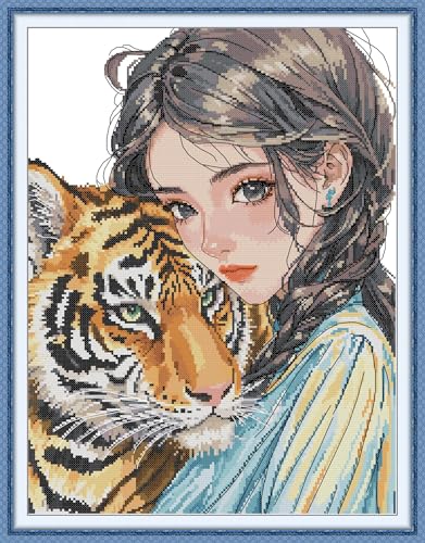 CrossNest 16CT Stamped Cross Stitch Kit for Beginners, HD Printed Complete DIY Embroidery Set with Pattern & Tools, Premium Aida Cloth & Threads (Girl and Tiger) - color: Pattern 11(High definition printing)