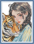 CrossNest 16CT Stamped Cross Stitch Kit for Beginners, HD Printed Complete DIY Embroidery Set with Pattern & Tools, Premium Aida Cloth & Threads (Girl and Tiger) - color: Pattern 11(High definition printing)