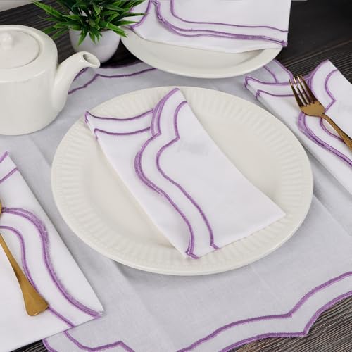 NATURALCRAFT Scalloped Cloth Napkins 18x18 in - White Edges Purple - color: White Napkin With Lavender Edges, size: 18" x 18" (Set of 4)