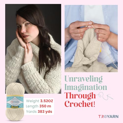 TROYARN Summer (4- Skeins Pack) Silk Effect Hand Knitting Yarn Crochet Art Lace Craft 100% Microfiber Acrylic 4x100 gr (4x383 yds) (105001 - Cream) - color: 105001 - Cream, size: 4 Skein