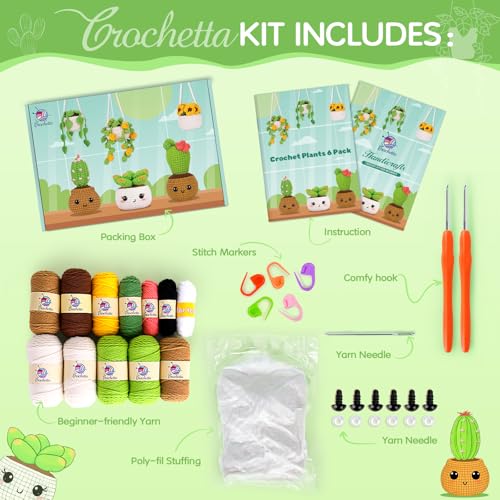 Crochetta Crochet Kit for Beginners, Crochet Starter Kits for Adults, Amigurumi Craft Knitting Crocheting Kits with Step-by-Step Video Tutorials, 6 Pc Hanging Potted Plants Family(40%+ Yarn - color: 6Plants
