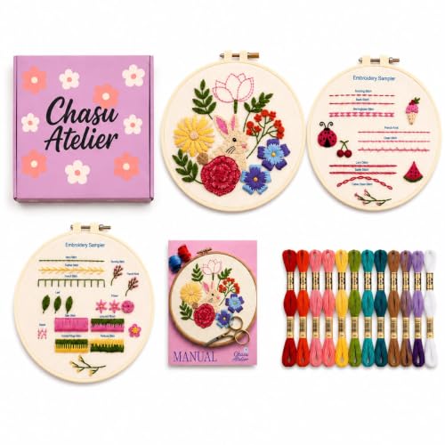 Embroidery Kit for Beginners Adults & Teens - Complete Starter Set with Rabbit & Flower Patterns, Practice Samples, Embroidery Hoop, Threads & Needles - DIY Hand Embroidery Craft Gift
