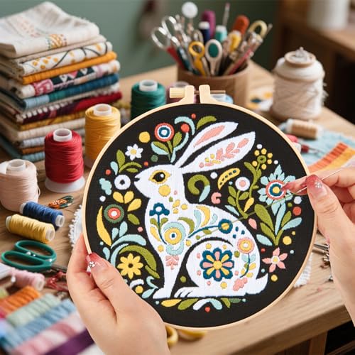 Crafmanoe Embroidery Kits for Beginners Adults, Flowers Rabbit Embroidery Starter Kits, Counted Cross Stitch Kits for Beginners Adults Hobbies Set for Women, Embroidery Hoops, Thread & Video Tutorial - color: H2043, size: 8Inch