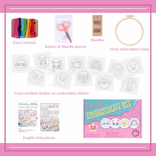 Louise Maelys 12 Pre-Stamped Embroidery Kit for Kids, Perfect for Ages 8-12 - color: cute embroidery kits