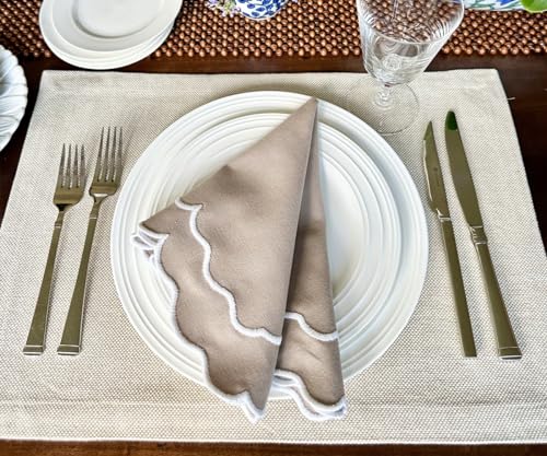 Beige Napkins, Festival Napkins, Scalloped, 100% Cotton, Embroidered, Set of 4, Table Decor Spring Summer, Winter Party Napkins, Farmhouse, Washable, Wedding Linen Napkin 18x18 - color: Beige