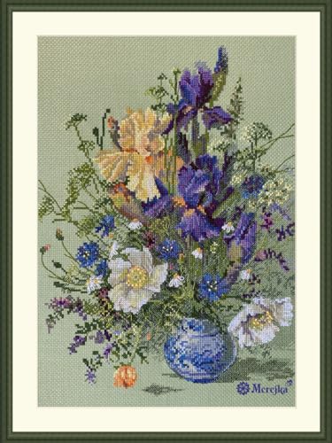 Merejka Irises and Wildflowers Counted Cross Stitch Kit K-249, Floral Still Life on Green Zweigart Aida 14, 38 DMC Mouliné Colors, John James Needle, Finished 9.8 x 13.8 in (25 x 35 cm)
