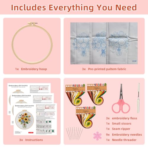Herdiese Embroidery Kits for Beginners & Adults, 3 Sets Sunflower Patterns - color: Flower-D (3 Pack)