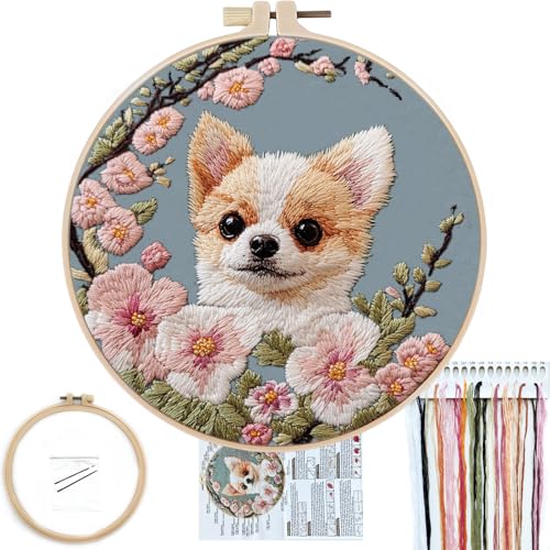 FONNUY Chihuahua Dog Floral Embroidery Kit, Cross Stitch Kits for Beginners, Handmade Crafts with Printed Patterns for Beginner Adults, Easy to Follow Color Thread Needlework, 8'' Hoop (Petite Dog) - color: Petite Dog