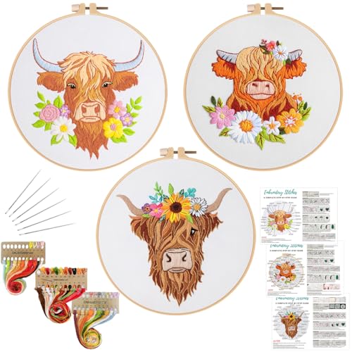 Louise Maelys 3 Set Highland Cow Embroidery Kit for Beginners Floral - color: highland cows