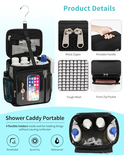CUBETASTIC Hanging Shower Caddy Portable Bag - Quick Dry Shower Tote for Dorm College Essentials, Water-Resistant Travel Toiletry Bag with Separate Compartment & Multiple Pockets (Black, M) - color: Black