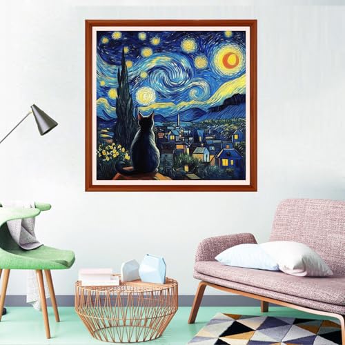 Redxing Counted Cross Stitch Kit for Beginners,Unprinted Needlepoint Kits for Beginners Cross Stitching Embroidery Kit 11CT Stitches kit-Cat Admiring Moon 18x18 inch - color: Setpattern18
