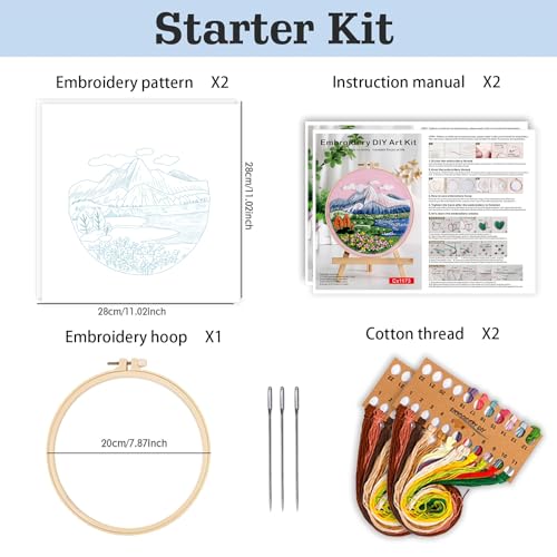 spicssa 2PCS Embroidery Kit for Beginners, Hand Needlepoint Kits for Adults with Pre-Stamped Patterns, 7.8-Inch Hoop, Threads & Needles, Step by Step Instructions - color: Scenery