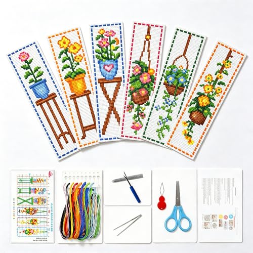 Zhenqing Indoor Flower Stamped Cross Stitch Bookmark Kit, 6 Potted and Hanging Plant Designs on 11CT Fabric for Beginners - color: Indoor Flower Bookmark