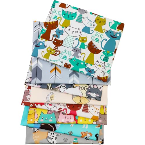 8 pcs/lot Fat Quarter Fabric Bundles 100% Cotton 19.69'' x 19.69'' (50 x 50cm) Cotton Fabric Pre-Cut Squares Sheets for Patchwork Sewing Quilting Crafting, Dog Cat Pattern. - color: M-2