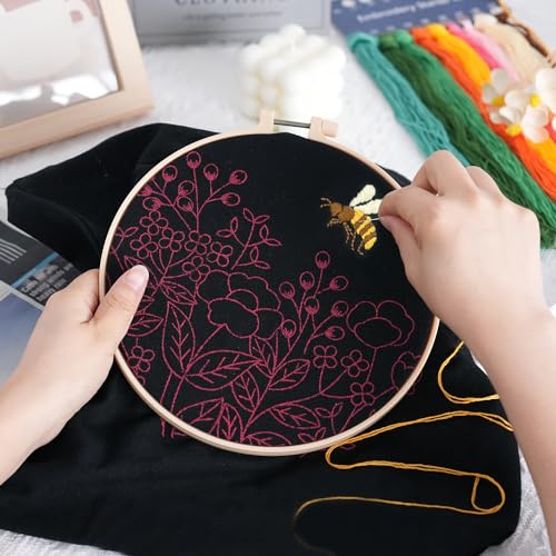 Canvas Tote Bag Embroidery Kit, Beginner Embroidery Kit for Adults, Hand Embroidery Starter kit with Floral Pattern, Arts and DIY Crafts Embroidery Kits , Cross Stitch Kit with Embroidery Bag and Tool - color: Black Yellow