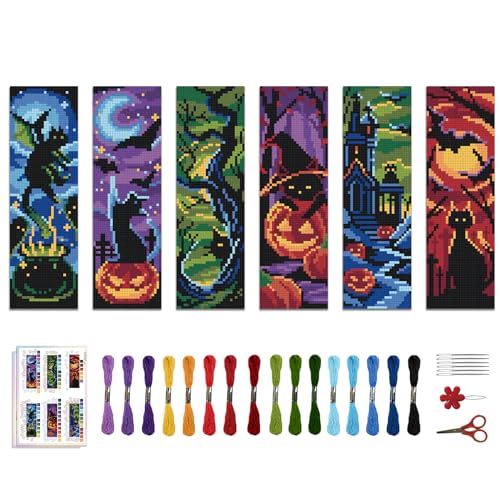 ACRNIGHEET 6PCS Cat Cross Stitch Bookmark Kit DIY Halloween Bookmarks Cross Stitch Kit for Adult Beginners Pumpkin Cross-Stitch Stamped Kits 8.7x3.1inch Stamped Embroidery Bookmark with Instructions - style: Halloween Patterns 1